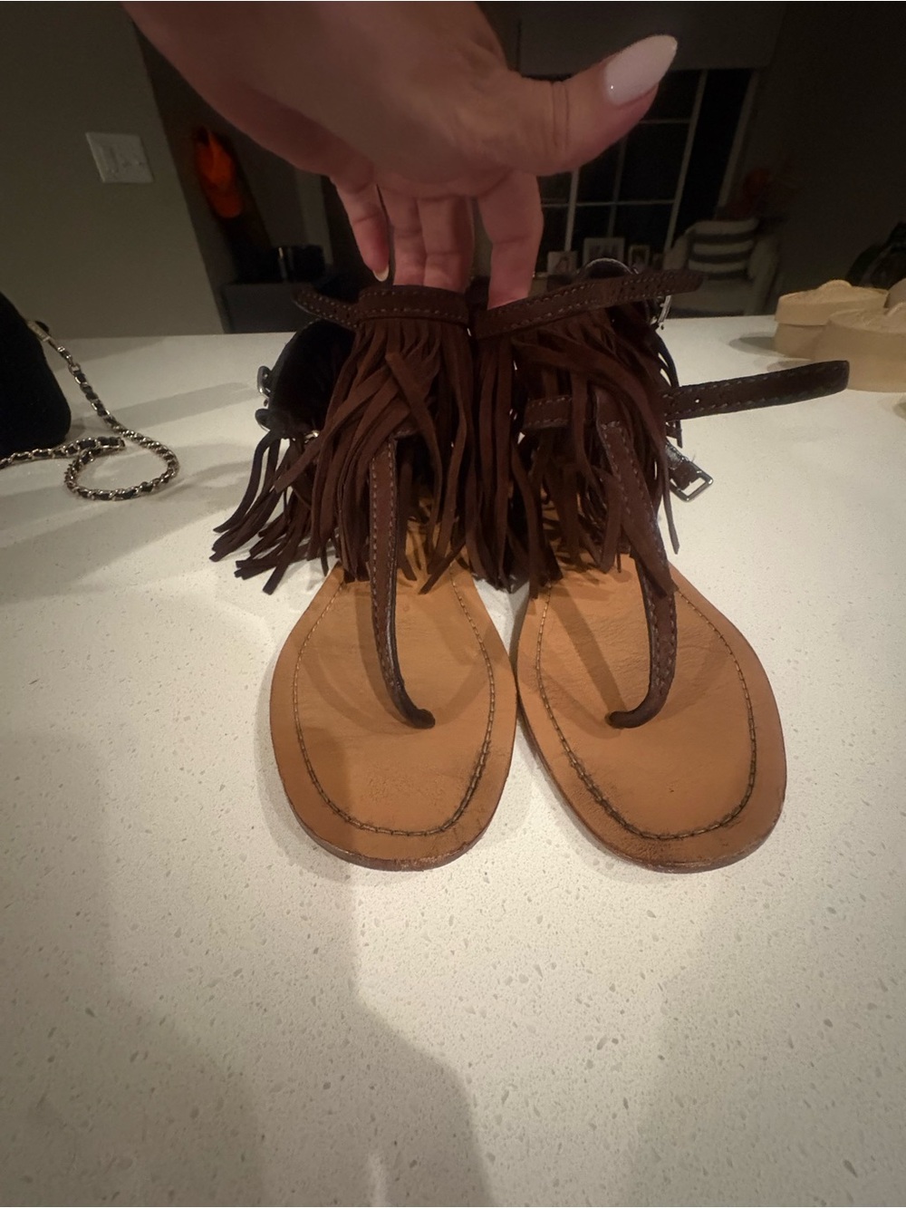 Prada Fringe Ankle-Strap Leather Thong Sandals - Brown